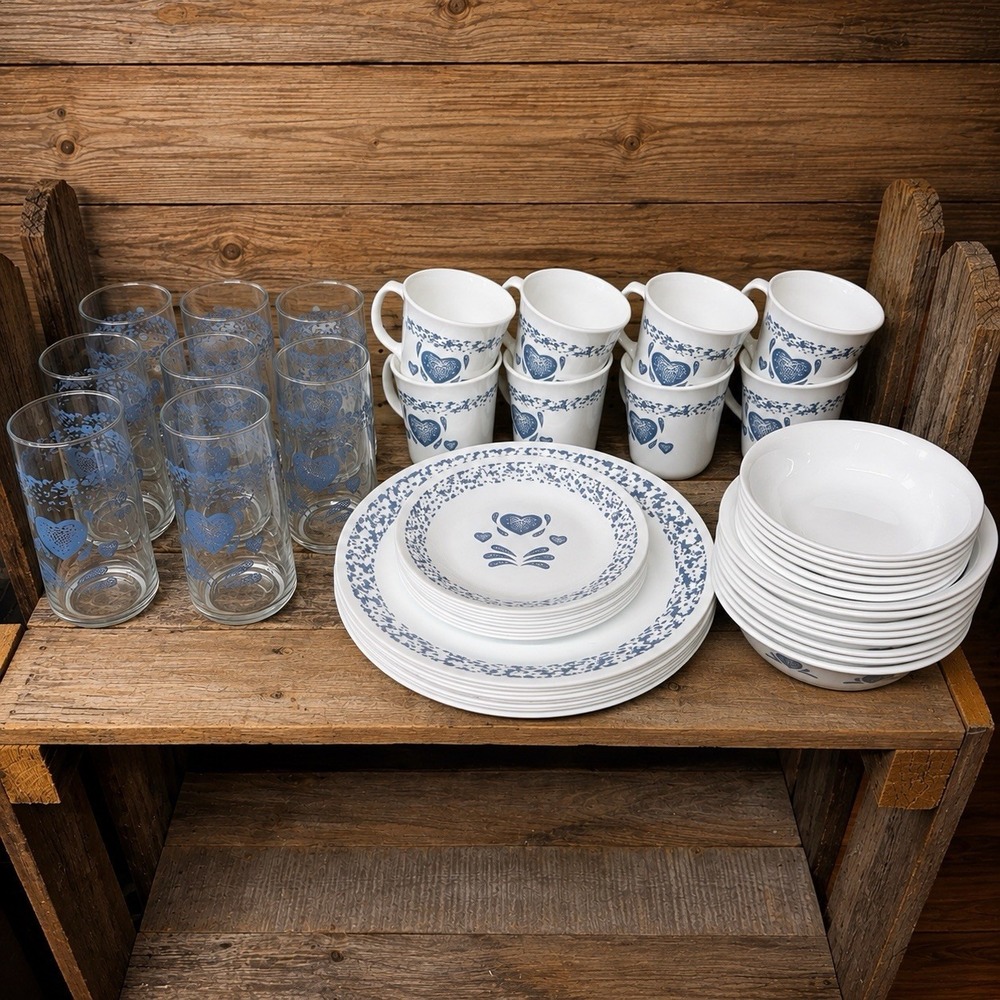 Corelle Blue Hearts 48 Pc Complete Set Service for 8 W/ Matching Glasses Retired